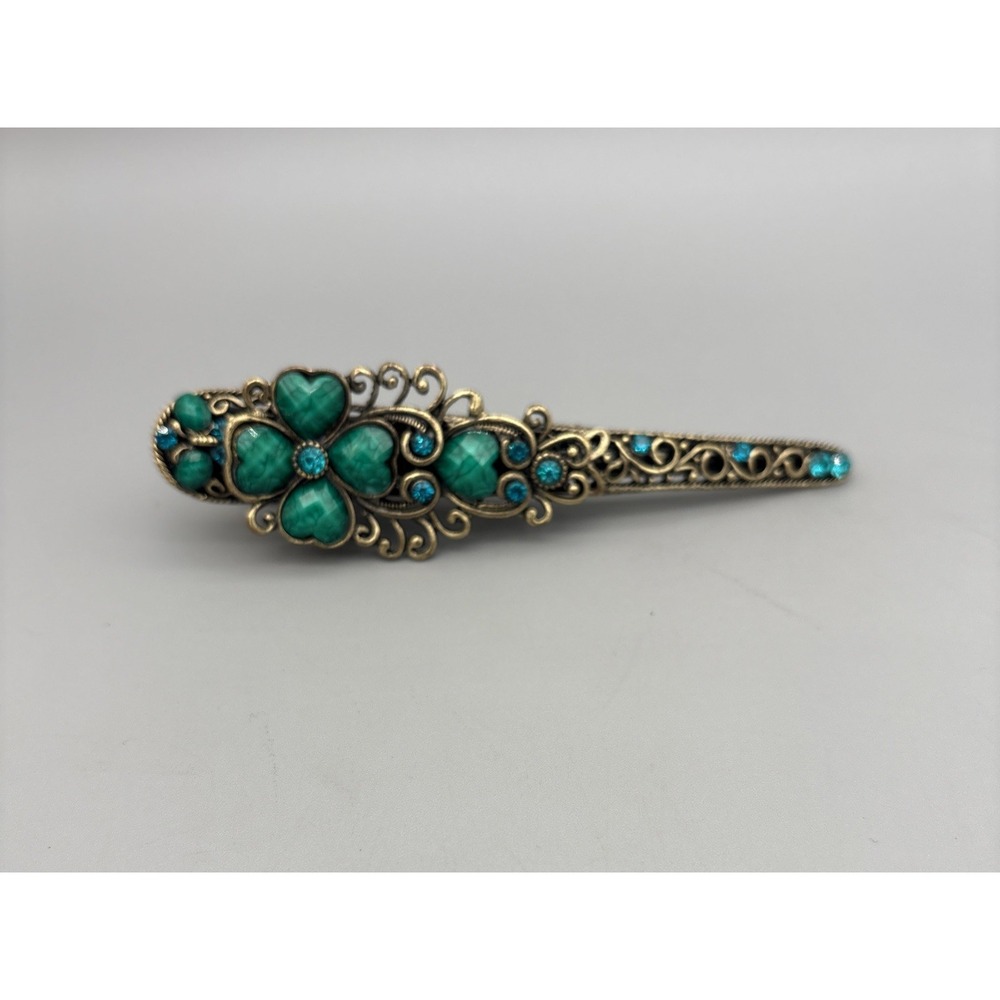 Vintage Hair Clip Barrette Blue Rhinestone Heart Pewter Metal 5" Beautiful‎